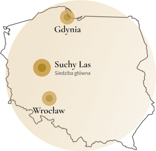 Gdzie pracujemy - mapka z zaznaczonymi lokalizacjami: Suchy Las siedziba główna, Gdynia, Wrocław.